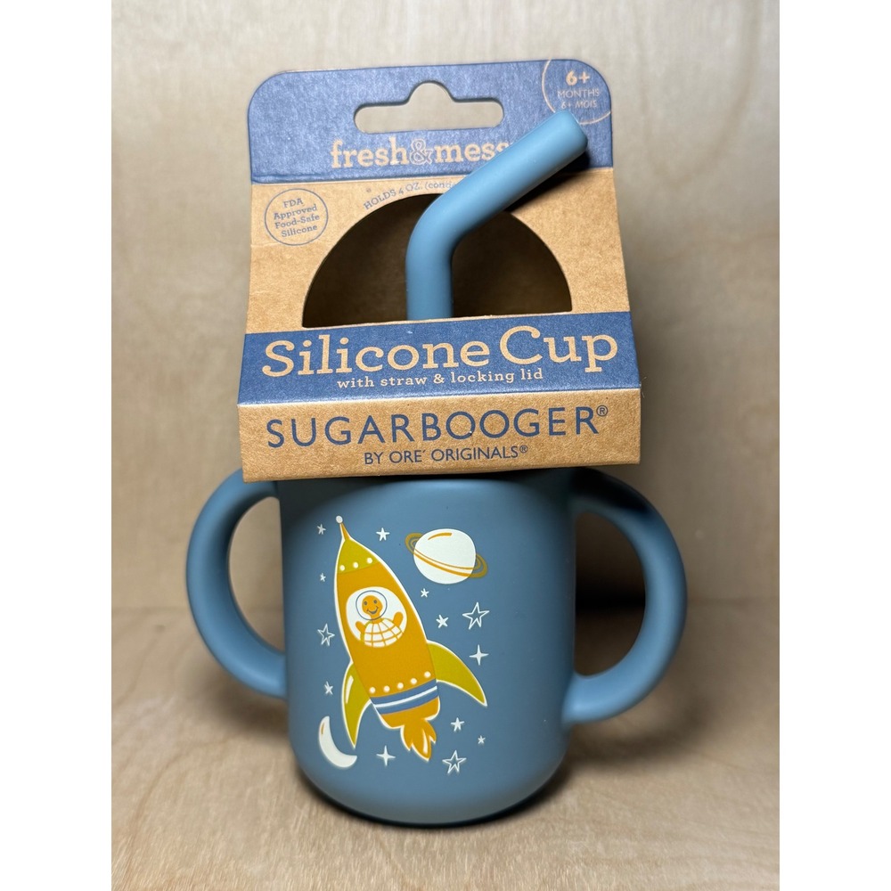 Sugarbooger Silicone Sippy‎ Cup with Straw Rocket Ship Blue 4oz Ore Originals